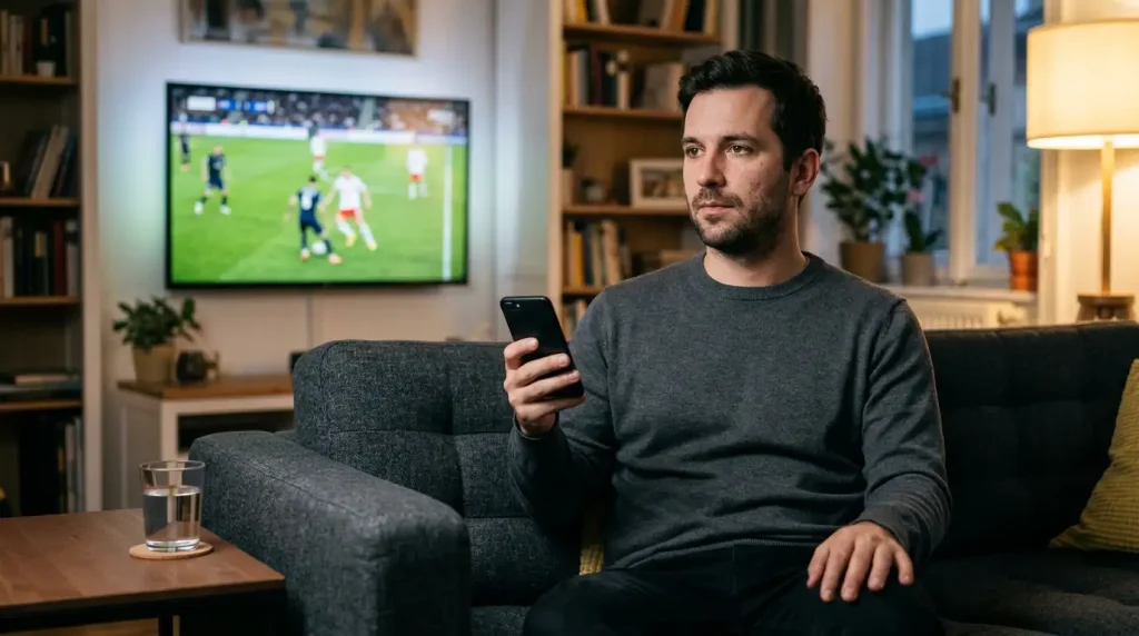 Magyar sportfogadó otthon a kanapén meccset néz a telefonjával a kezében