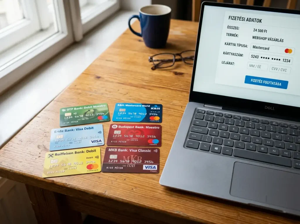 Több különböző bankkártya egy fa asztalon laptop fizetési képernyő mellett a magyar bankok összehasonlításához