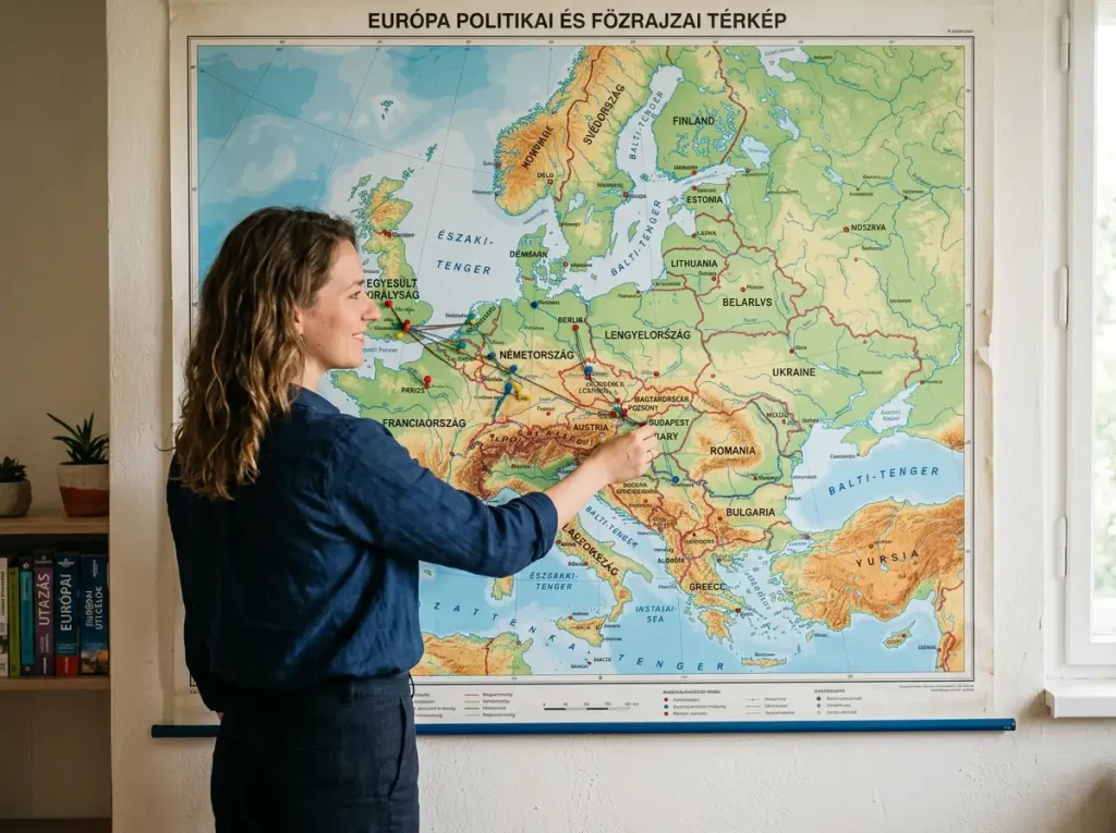 Európa térkép markerekkel különböző országokon a piacméret összevetéséhez