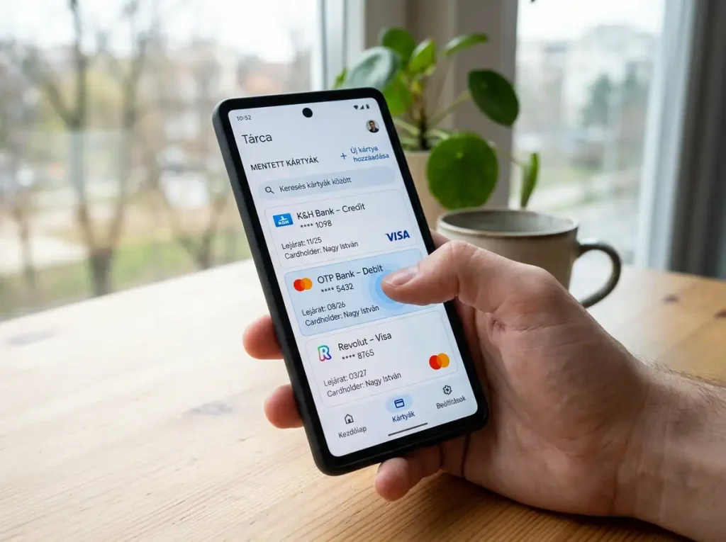 Mobiltelefon mentett kártyák listájával a Simple-fiókban egy ujj a kártyát választja