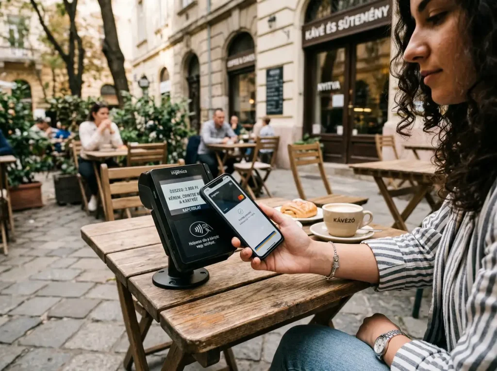 Személy mobiltelefonnal érinti a fizetési terminált egy szabadtéri környezetben NFC-fizetéshez