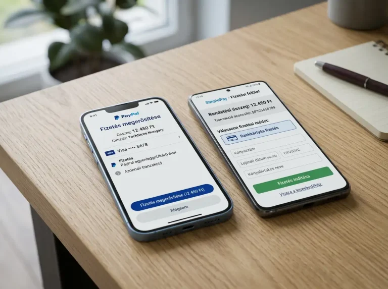 Két mobiltelefon egymás mellett különböző fizetési felülettel a PayPal és a SimplePay összehasonlításához