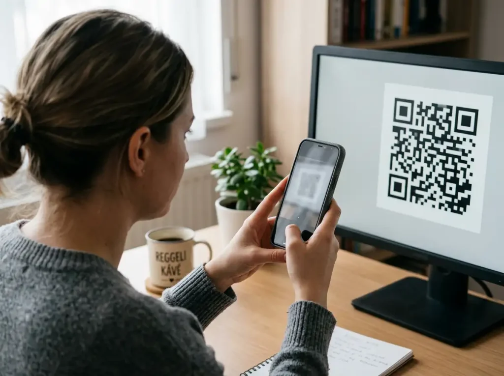 Magyar mobilbank-felhasználó qvik QR-kódot olvas be a telefonjával fizetéshez