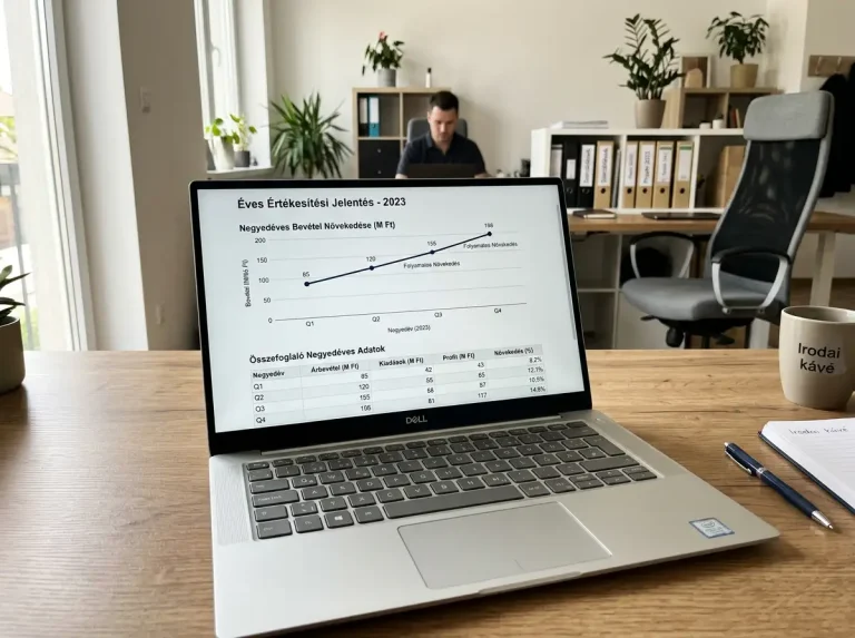 Laptop képernyő emelkedő vonalgrafikonnal és negyedéves adatok táblázatával qvik-statisztikához