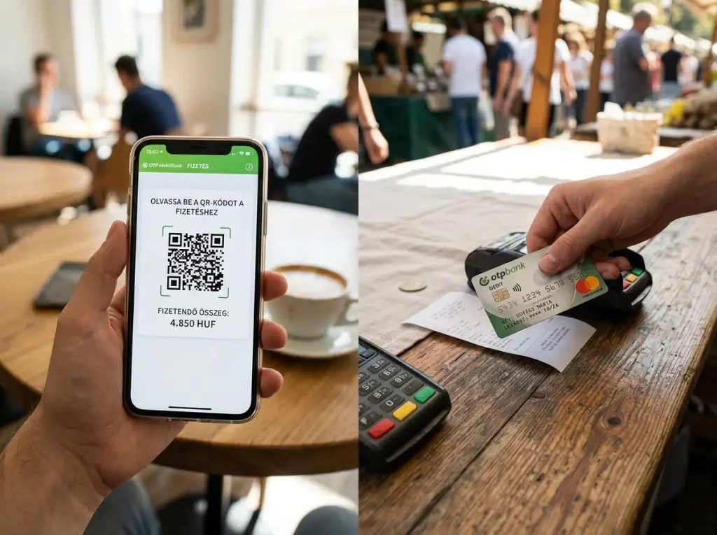 Mobiltelefon QR-kód beolvasó képernyő és bankkártya egymás mellett a qvik versus kártyás fizetés összevetéséhez