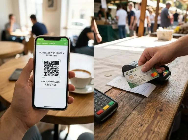Mobiltelefon QR-kód beolvasó képernyő és bankkártya egymás mellett a qvik versus kártyás fizetés összevetéséhez