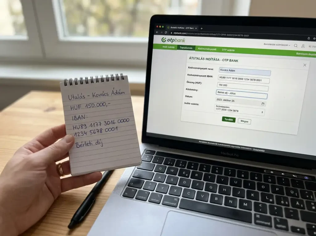 Laptop képernyő banki utalási űrlap IBAN-mezőkkel mellette egy jegyzetfüzet az IBAN-számmal