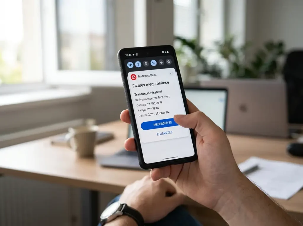 Mobiltelefon push üzenettel a banki applikációban a 3D Secure megerősítéséhez sportfogadásnál