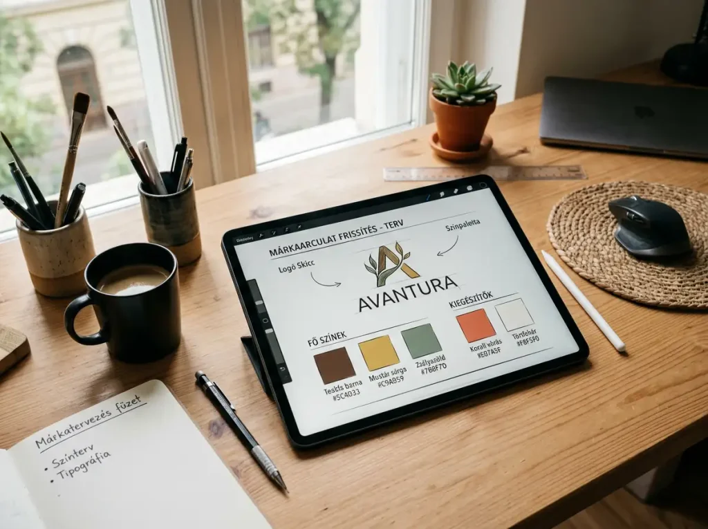 Tervezői asztal tablet generikus márkaarculat skicc és színminták az arculatváltás témához