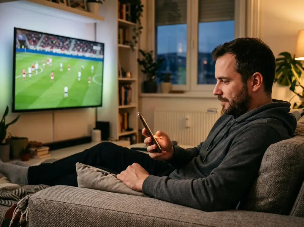 Magyar fogadó a telefonján SimplePay-jel TippmixPro egyenleget tölt fel meccs előtt