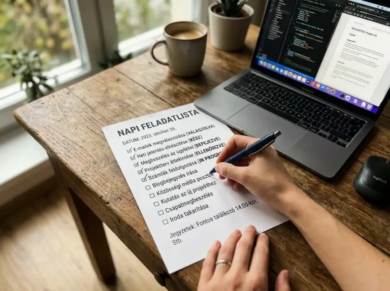 Nyomtatott checklist fa asztalon toll pipál ki tételeket laptop mellett a fogadási befizetés előkészítéséhez