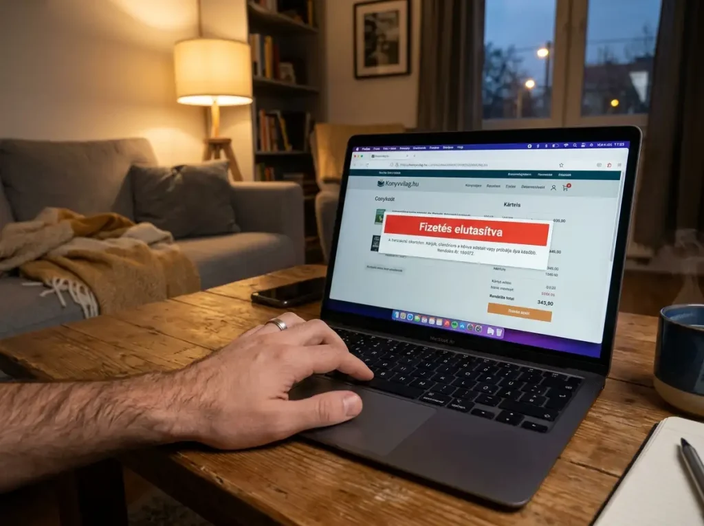 Laptop képernyő elutasított kártyás fizetési üzenettel sportfogadási befizetésnél