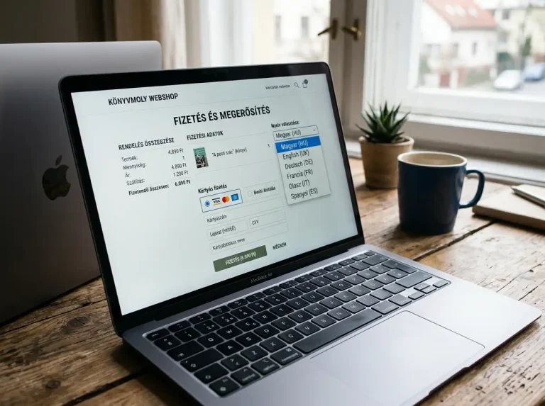 Laptop képernyő nyelvválasztó legördülő menüvel a fizetési felületen