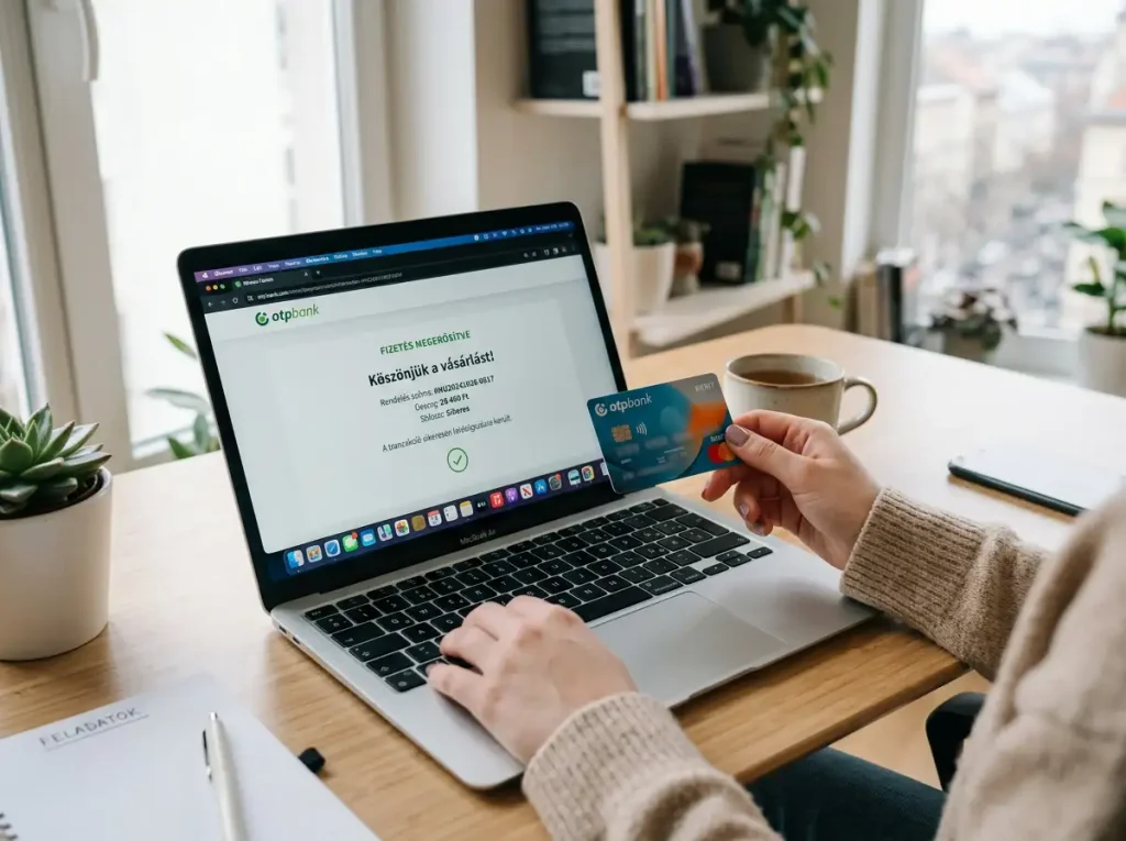 Bankkártya egy laptop képernyőjén lévő fizetési visszaigazolás mellett