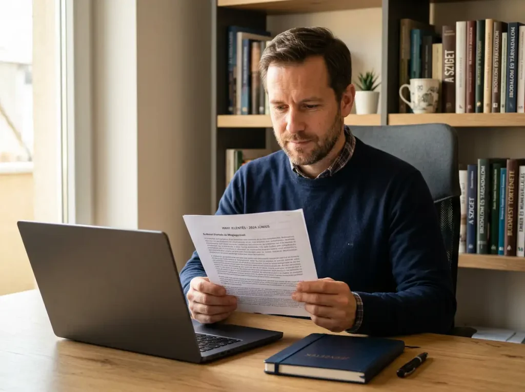 Magyar fogadó nyugodtan dolgozik laptop előtt a sportfogadási nyeremény kifizetésén