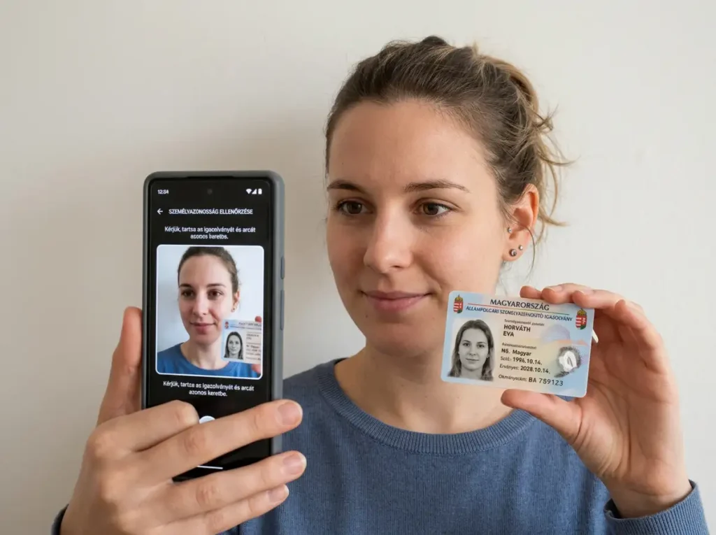 Személy személyi igazolványt tart a telefon kamerájához a KYC azonosításhoz