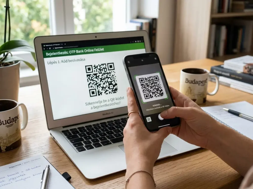 Kezek mobiltelefonnal QR-kódot olvasnak be egy laptop képernyőjéről qvikes befizetéshez