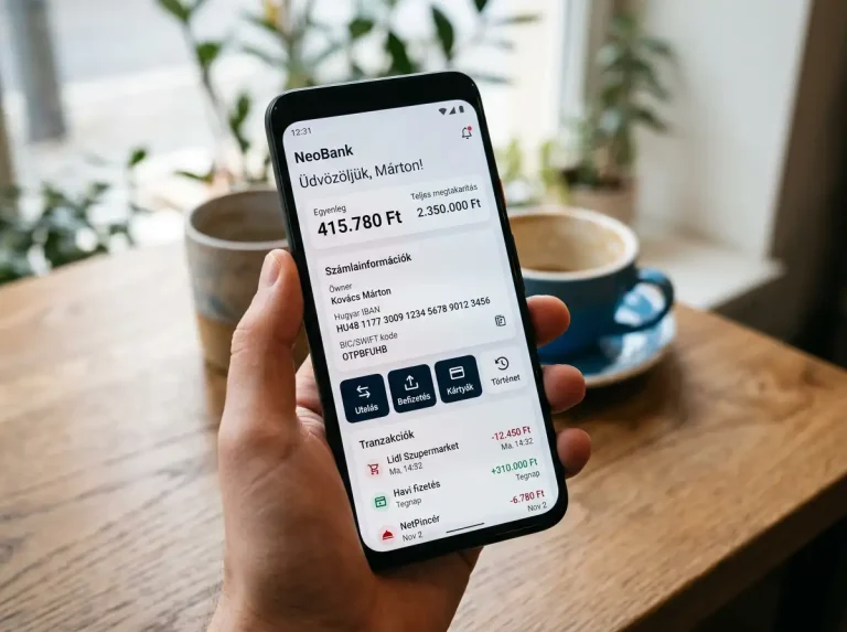 Mobiltelefon neobank applikáció képernyővel HU IBAN-szám látható a kifizetés témához