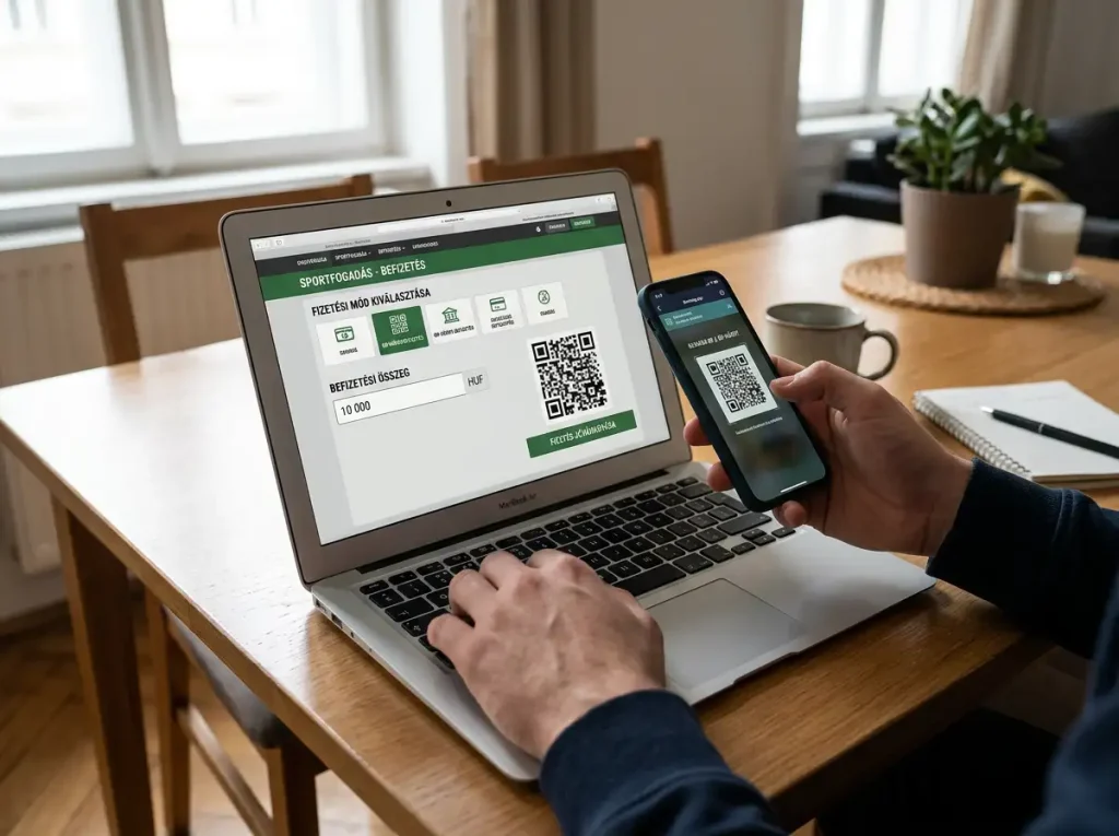 Laptop sportfogadási befizetési oldal mellette telefon QR-kód beolvasáshoz qvikes utaláshoz